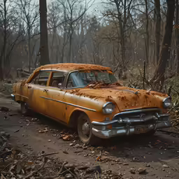a yellow car that is in the middle of some dirt