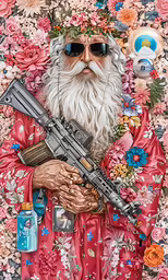 a santa holding a gun in front of a floral backdrop