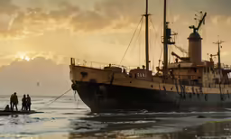 two people stand on a boat in the water near the shore