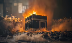 a stove that is on a fire with a bunch of rocks in front of it