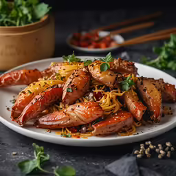 some meats and noodles sit on a plate