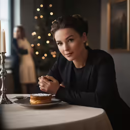 a woman sits at a table in front of a christmas tree