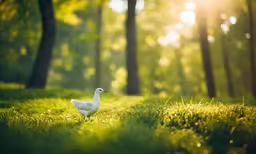 a small white bird sitting on top of a lush green field
