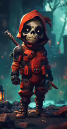 an animated skull with some weapon in its hand