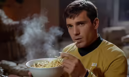 the man is enjoying a bowl of noodles