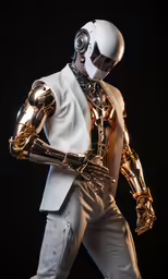 a man in a white suit and robot costume