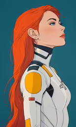 a woman wearing white and orange hair, with orange hair