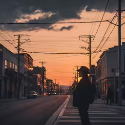 a man is waiting for the sunset in an empty street