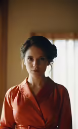 the woman is in an orange dress standing by a window