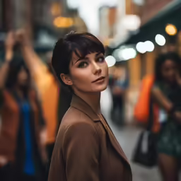 the woman with short hair is standing in the city