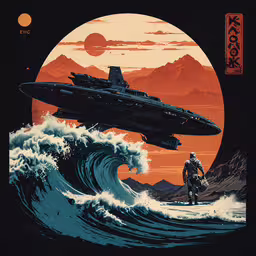 an illustration of a man standing on top of a ship in the ocean with the ocean wave coming towards him,a futuristic ship and a man are in a painting