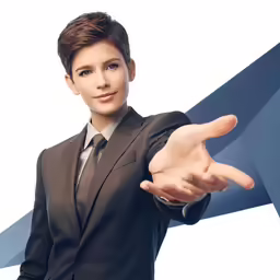 a woman is pointing at the camera with her fingers
