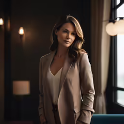 a woman standing by a window in a suit