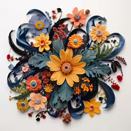 an intricate paper flower is arranged with ribbons