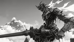 a robot is standing by some mountains with a gun