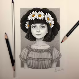 a pencil drawing of a girl wearing a daisies in her hair,a pencil drawing of a young woman with daisies in her hair