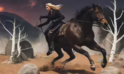 a woman riding on the back of a horse in the desert