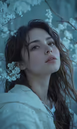 a woman with long hair standing under some white flowers