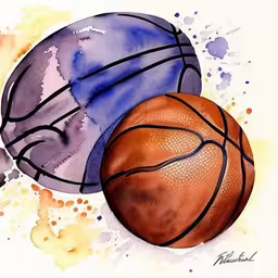 watercolor painting of basketballs in different colors,two basketballs sitting on the ground, one with blue and purple colors