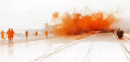a group of people walking across a street near a traffic light