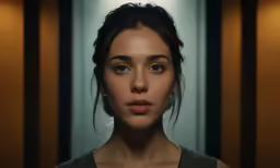a woman looks into the camera as she stands in front of a mirror