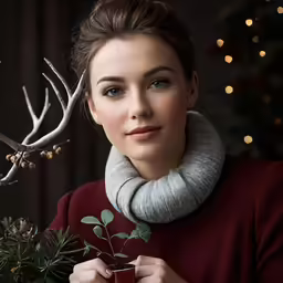 a woman holding a cup while wearing a deer antler and wreath