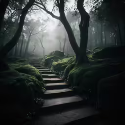 a path going through a forest covered in green moss