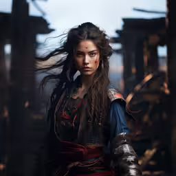 a woman dressed in armor and red is holding her hair,a beautiful woman with long hair in warrior outfit