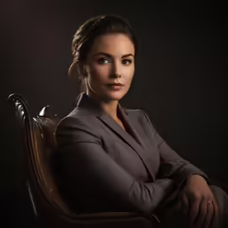 the actress is sitting in the chair and looking forward