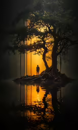 a man standing in a foggy forest next to a lake