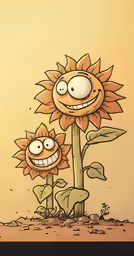 the sunflower with its eyes and hands drawn are posed next to each other