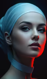 a woman in a white scarf wearing a blue head wrap