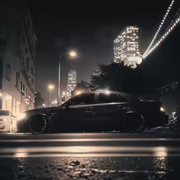 the cars are driving down the street at night