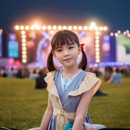 a girl is wearing a gray dress and has her hair in a pony tail, sitting on the grass