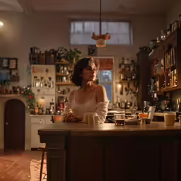 the woman is sitting at the counter in the kitchen