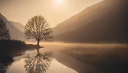 the sun shining through the trees and mist rising on a lake