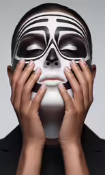 a woman with an art make up holding her face in one hand and wearing a mask of white and black