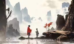 two people standing on rocks in front of some water