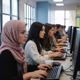 young women working at computers in a library