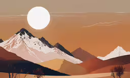 a painting of mountains with snow capped peaks at sunset,the silhouettes of mountain ranges against an orange sky
