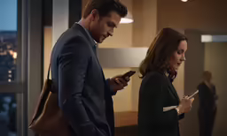 a woman standing next to a man texting