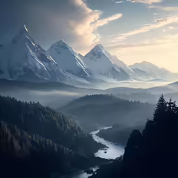 a very beautiful view of mountains with snow on them