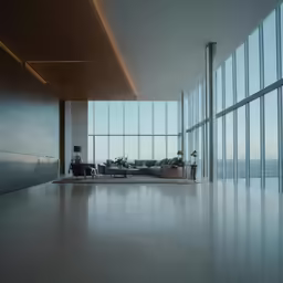 a living room with many large windows next to it