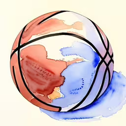 a watercolor drawing of a basketball with the ball spinning around it,a ball is shown painted in pink and blue
