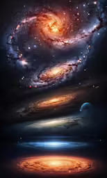 two spiral shaped objects, in front of a background of galaxy