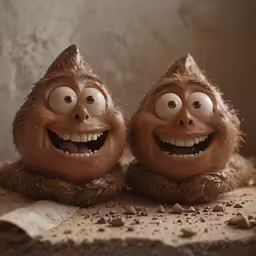 two brown creature statues standing in mud
