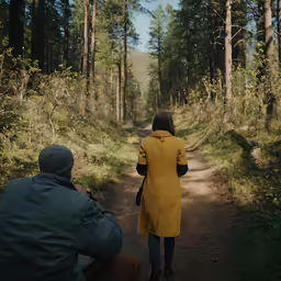 a couple walking on the road looking into the woods