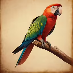 colorful parrot perches on an old, worn branch