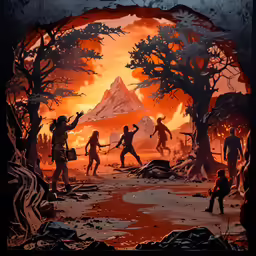 a group of people on an orange and red background