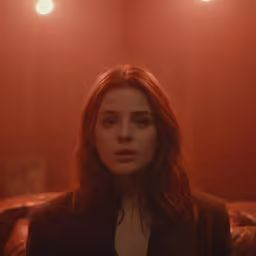 a woman staring into the camera in an empty room